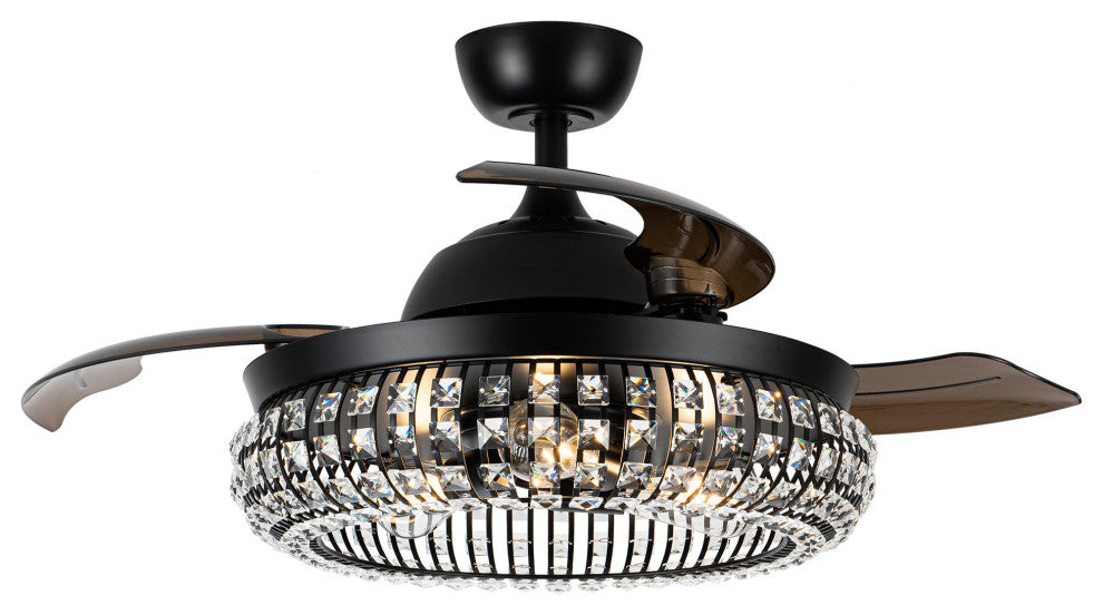 42 in. Modern Black Crystal Retractable Ceiling Fan with Light Kit and Remote