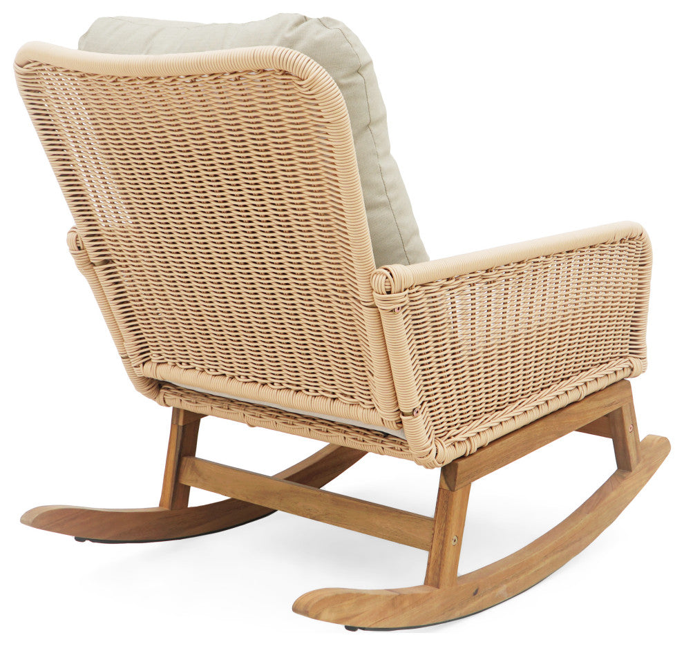 GDF Studio Outdoor PE Rattan Rocking Chair With Cushions, Beige/Natural, Single