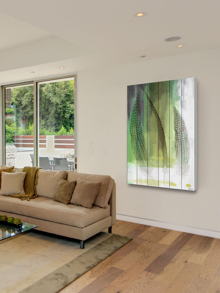 "Emerald Feathers" Print on White Wood, 30"x45"