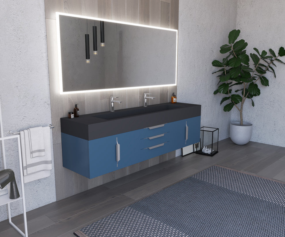 CastelloUSA Nile 72" Wall Mounted Bathroom Vanity Set, Blue, Black Top, Brushed Nickel