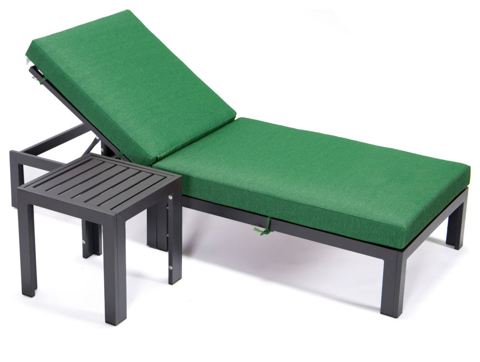 LeisureMod Chelsea Chaise Lounge Chair With Cushions & Side Table, Green
