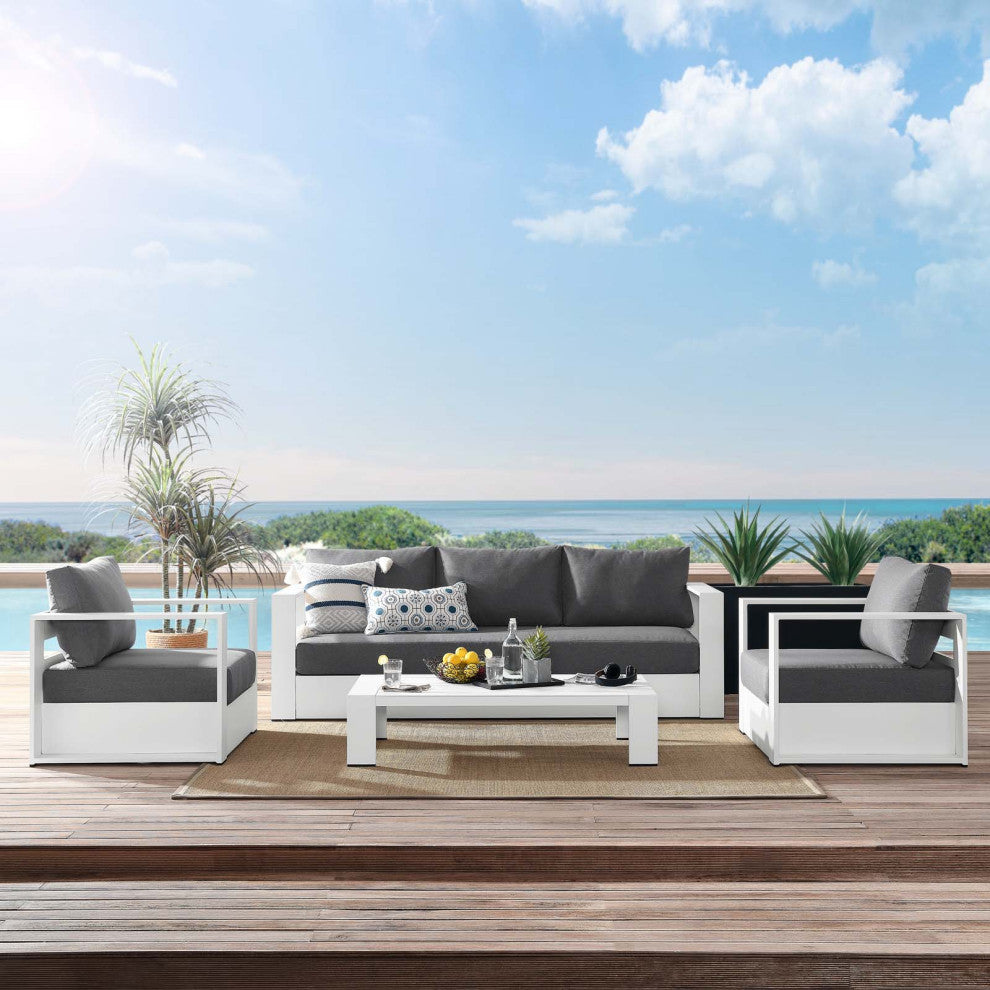 Sectional Sofa Table Set, White Gray, Aluminum, Modern, Outdoor Patio