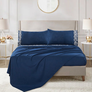 Serenta Lei Embroidered 4 Piece Bed Sheet Set, Navy Blue, Queen