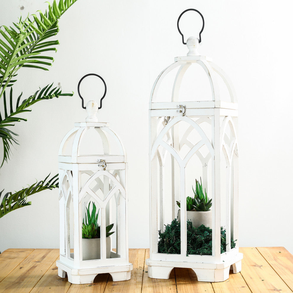 Wash White Farmhouse Wooden Church Window Frame Lanterns, Set of 2