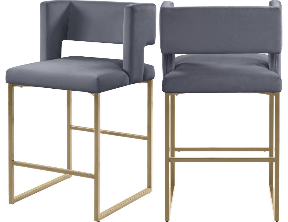 Caleb Upholstered Counter Stool, Set of 2, Gray, Velvet, Brushed Gold