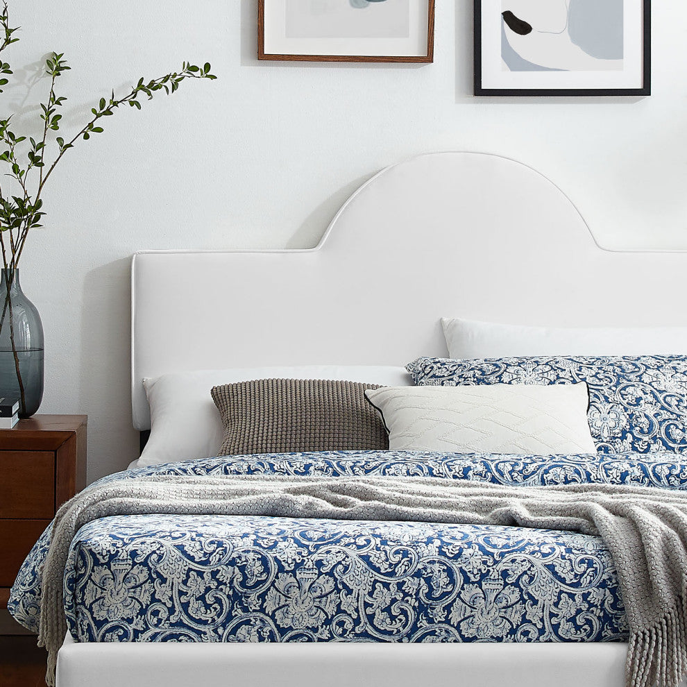 Platform Bed Frame, King Size, White, Velvet, Modern, Bedroom Guest Suite