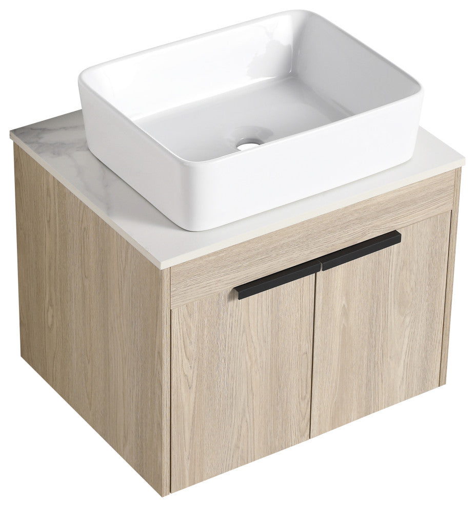 Wall-Mounted Bath Vanity, White Oak, White Ceramic Vessel Sink