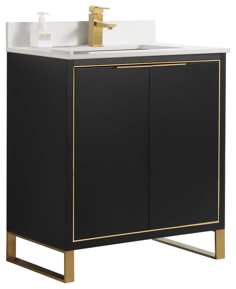 Opulence Bath Vanity, Black Matte, 30", Satin Brass Hardware, White Top