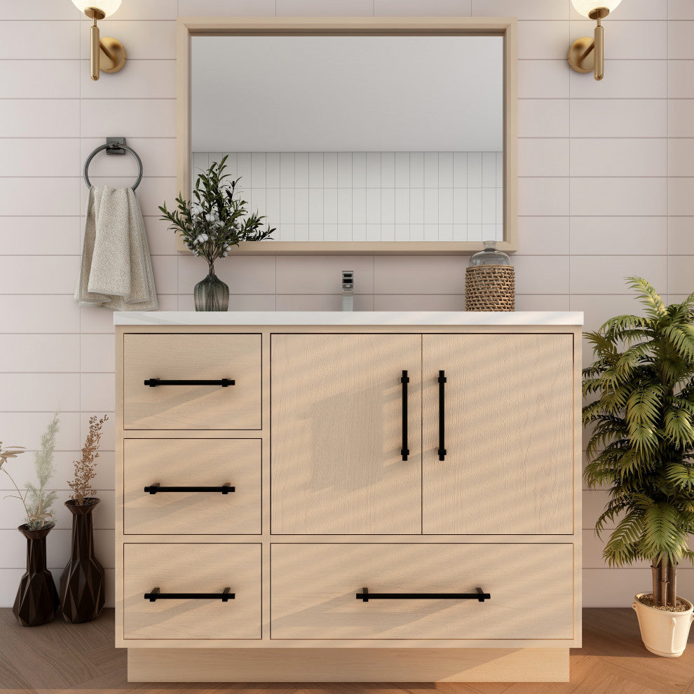 Victoria 42" Solid Wood Bath Vanity Left Side Drawers, Yellow Oak