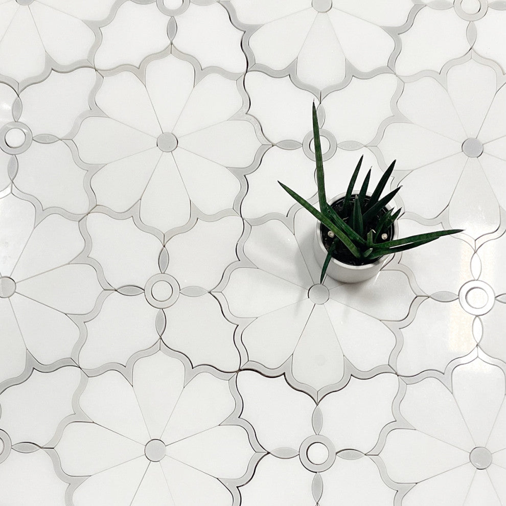 Asian Statuary and White Carrara Polished Flora 1 Marble Mosaic