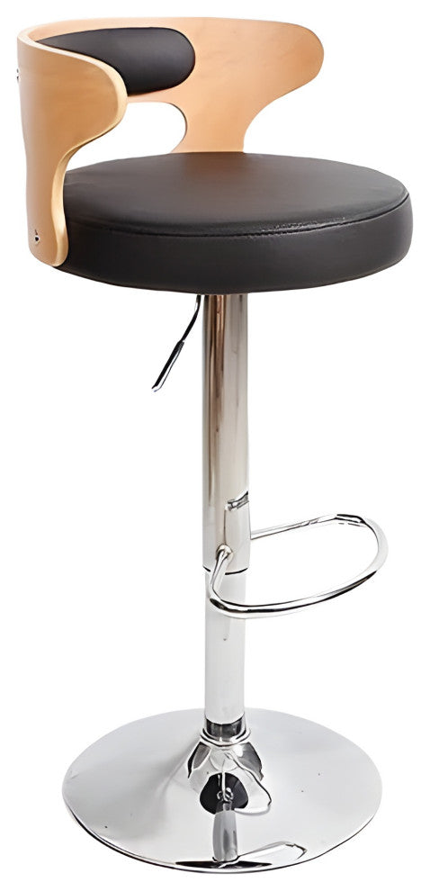 Metal Leg High Rotating Lifting Bar Stool Made of Leather, Black, Light Wood Backrest