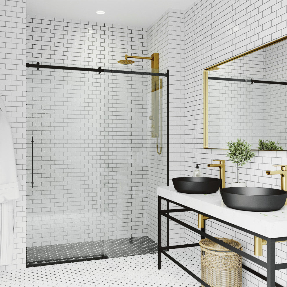 VIGO Luca 56" to 60" W x 79" H Frameless Sliding Shower Door, Matte Black, Clear Glass