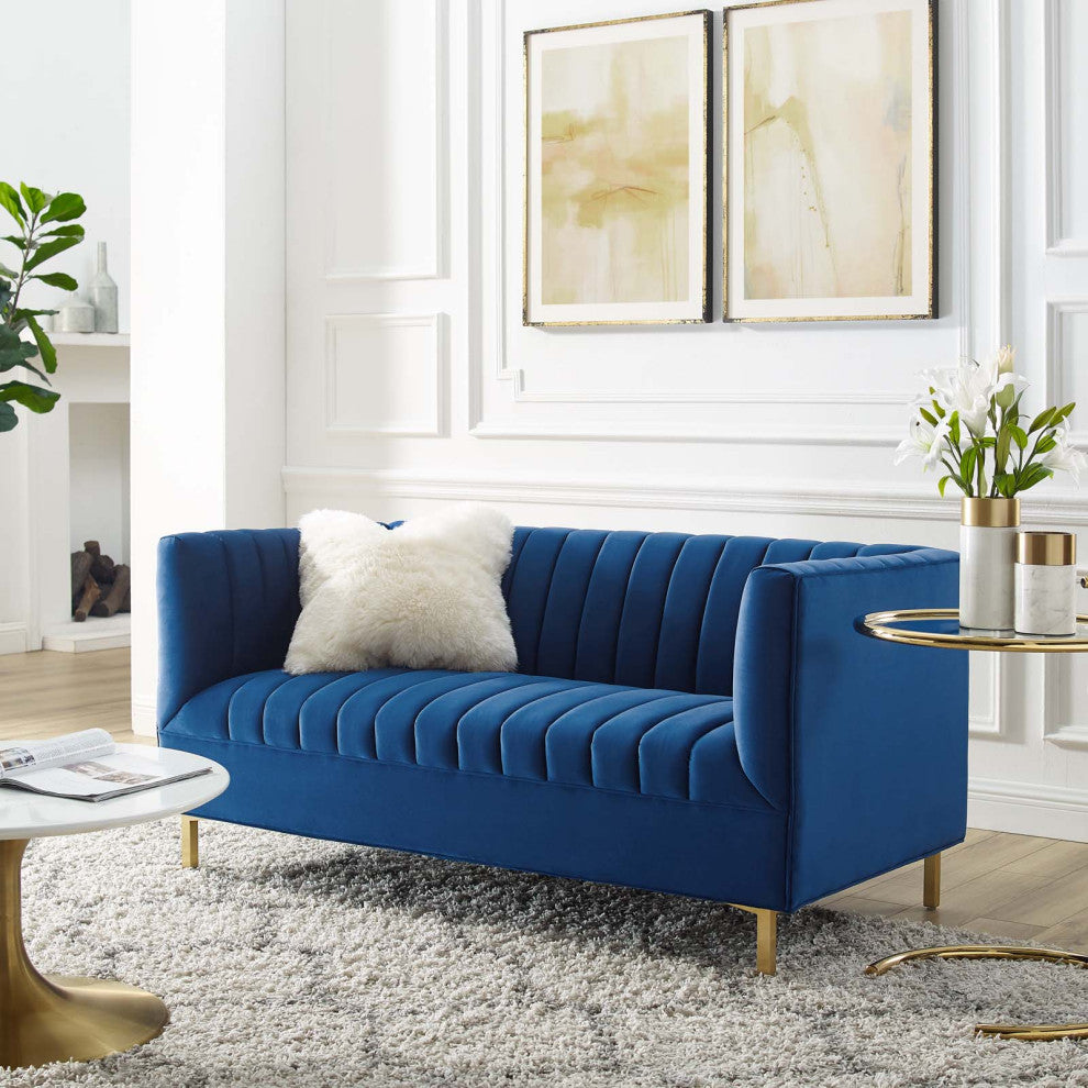 Tufted Loveseat Sofa, Velvet, Blue Navy, Modern, Living Lounge Hotel Hospitality