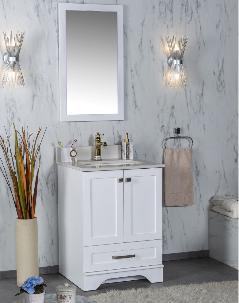 Livia Collection 24" Bath Vanity Quartz Top and Ceramic Sink, White, 24"
