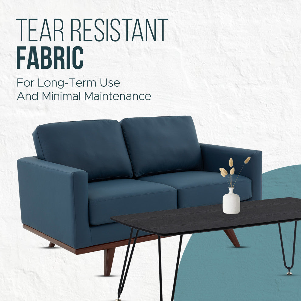 LeisureMod Chester Modern Leather Loveseat With Birch Wood Base, Navy Blue