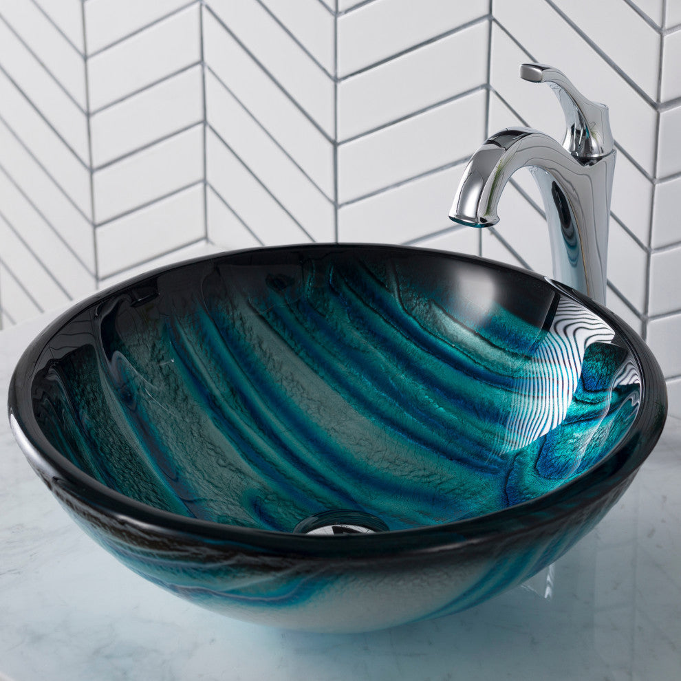 Glass Vessel Sink, Bathroom Arlo Faucet, PU Drain, Mounting Ring, Chrome