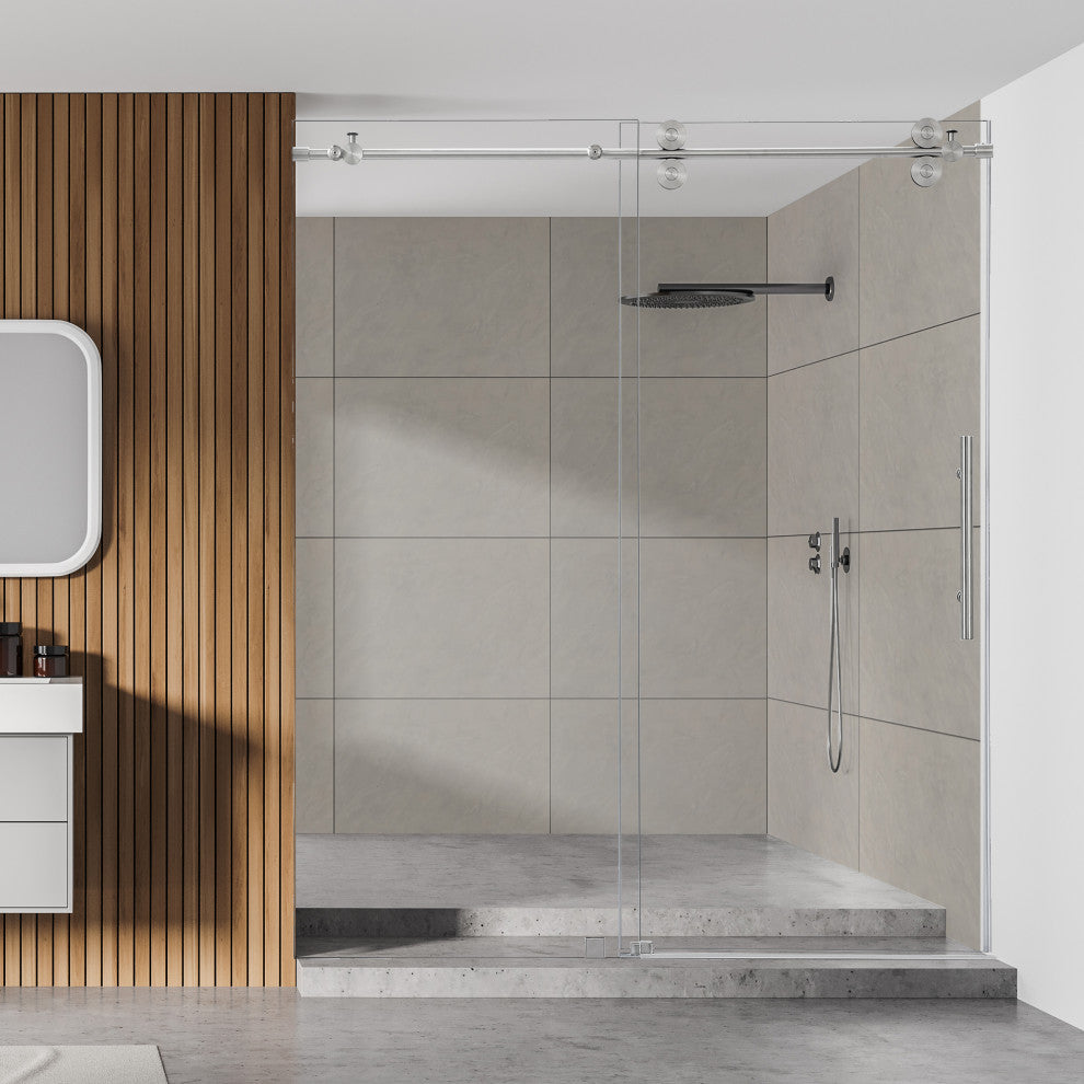 Lazaro Single Sliding Frameless Shower Door, Clear, Brushed Nickel, 68"wx78"h