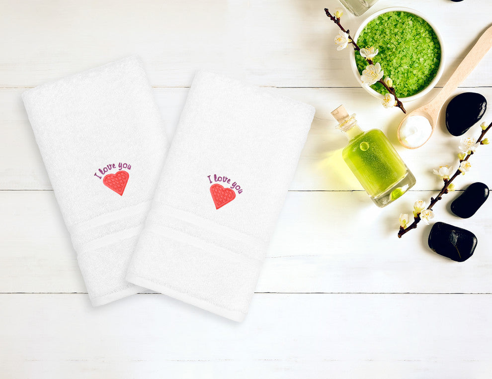 "I Love You" Embroidered White Hand Towels, Set of 2, Pink Heart