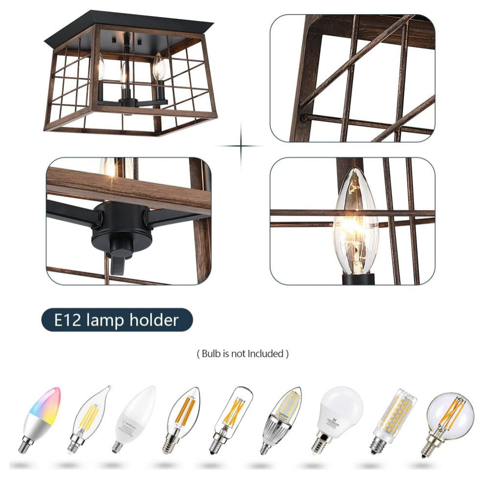 3 light Wooden Close to Ceiling Lighting lamp farmhouse black Flush Mount
