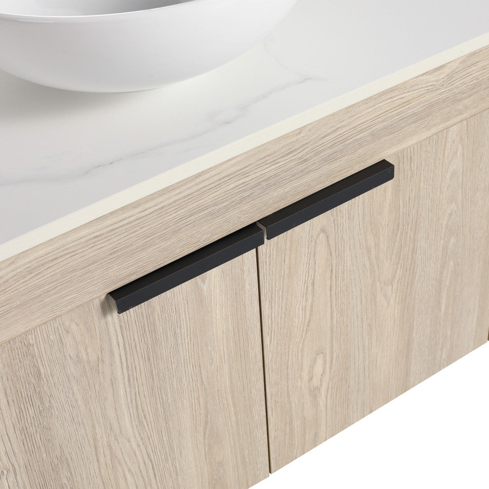 Wall-Mounted Bath Vanity, White Oak, White Ceramic Vessel Sink