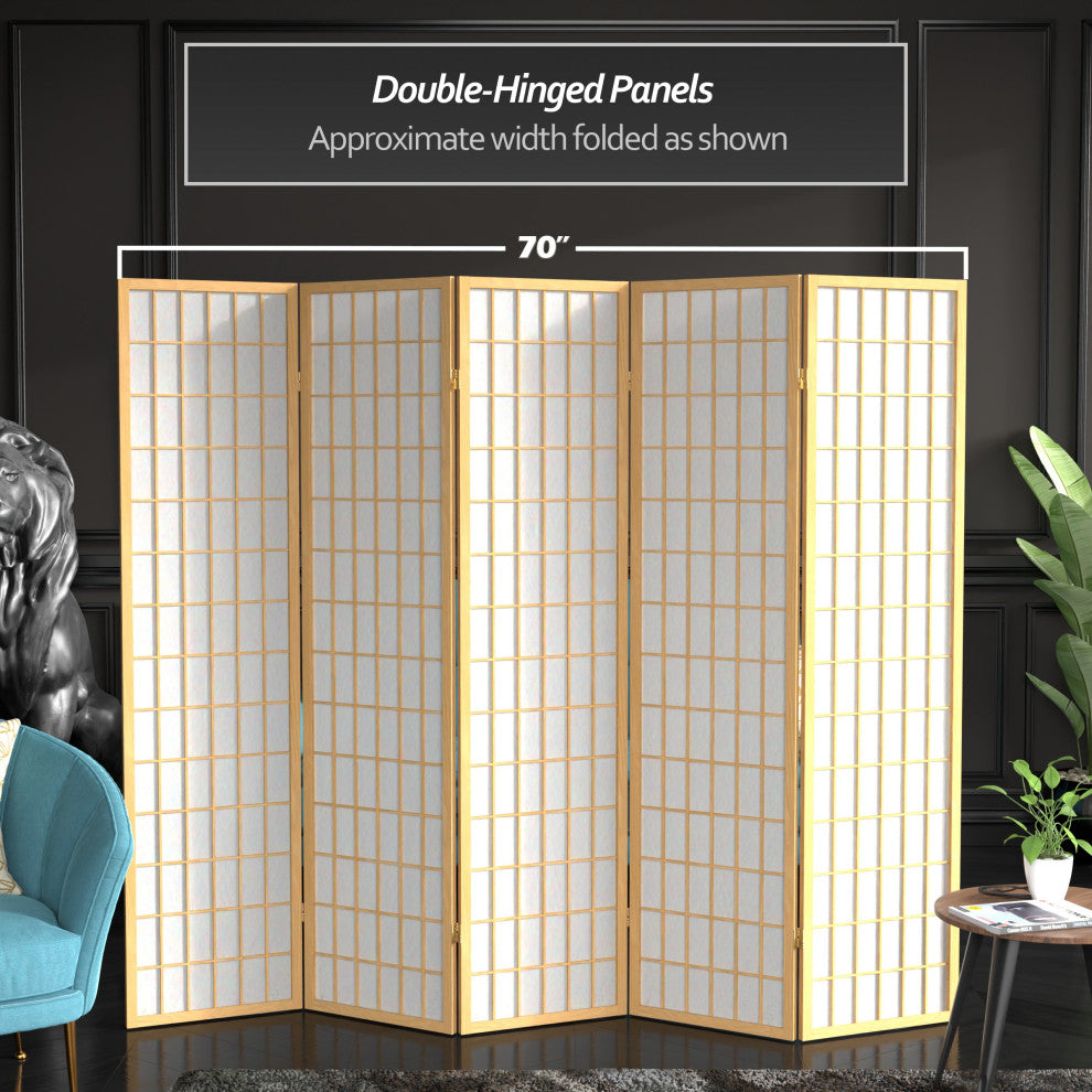 6' Tall Window Pane Shoji Screen, Natural, 5 Panels