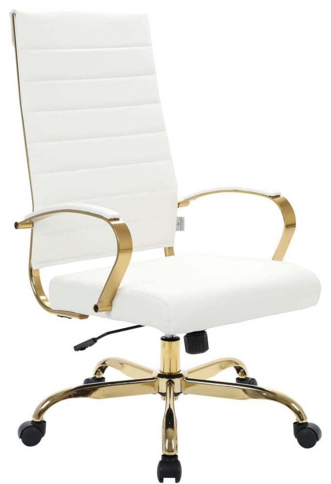 LeisureMod Benmar High-Back Leather Office Chair With Gold Frame White