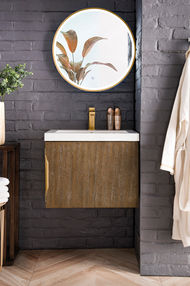 Columbia 24" Single Vanity, Latte Oak, White Glossy Composite Stone Top