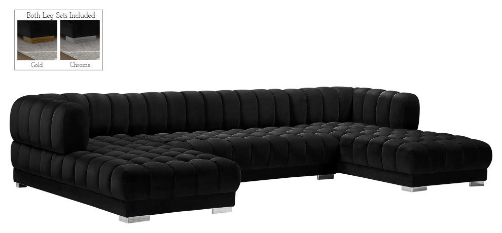 Gwen Biscuit Tufted Velvet Upholstered 3 Piece Sectional, Black