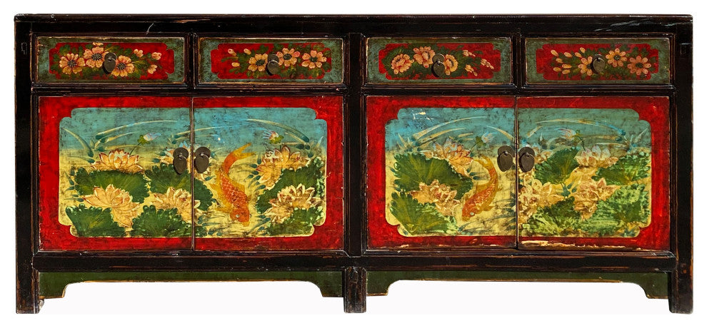 Vintage Oriental Blue Fishes Graphic Sideboard Console Table Cabinet Hcs7138