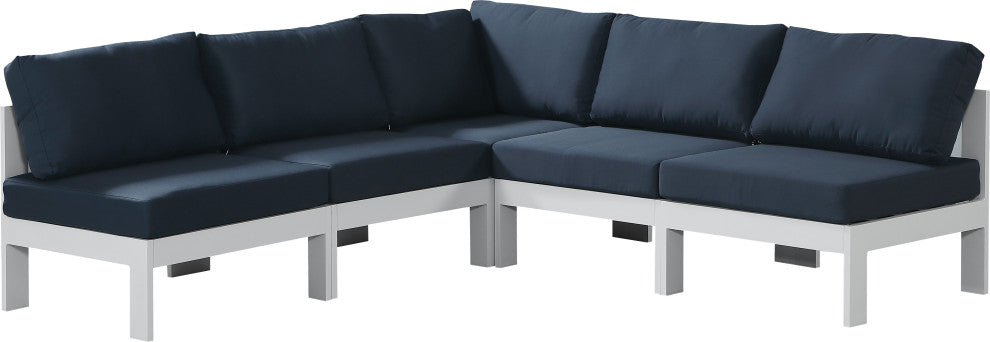 Nizuc Water Resistant Patio L-Shaped Modular Sectional, Navy, 5-Piece: 4 Armless Chair, 1 Corner Chair, White Aluminum Frame