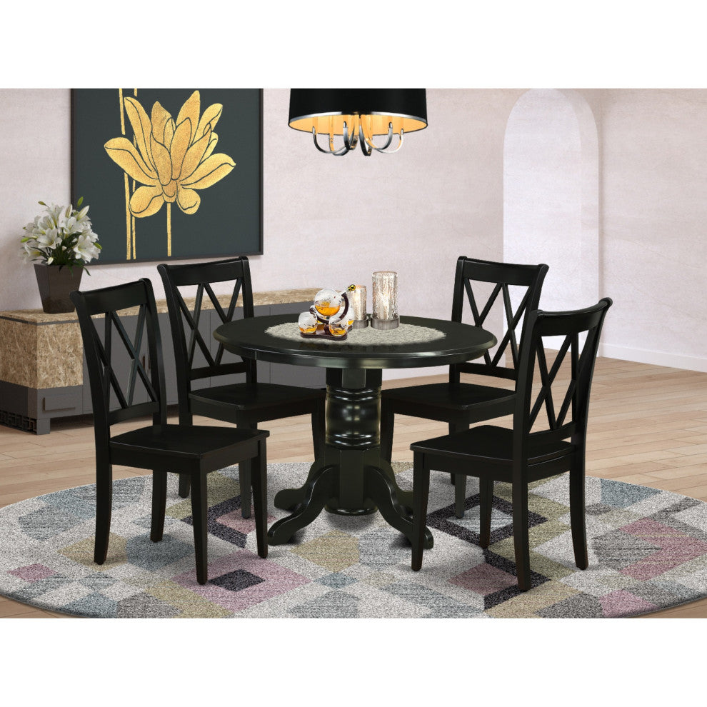Shcl5-Blk-W 5-Piece Round 42" Family Table And Four Wood Seat Dining Chairs