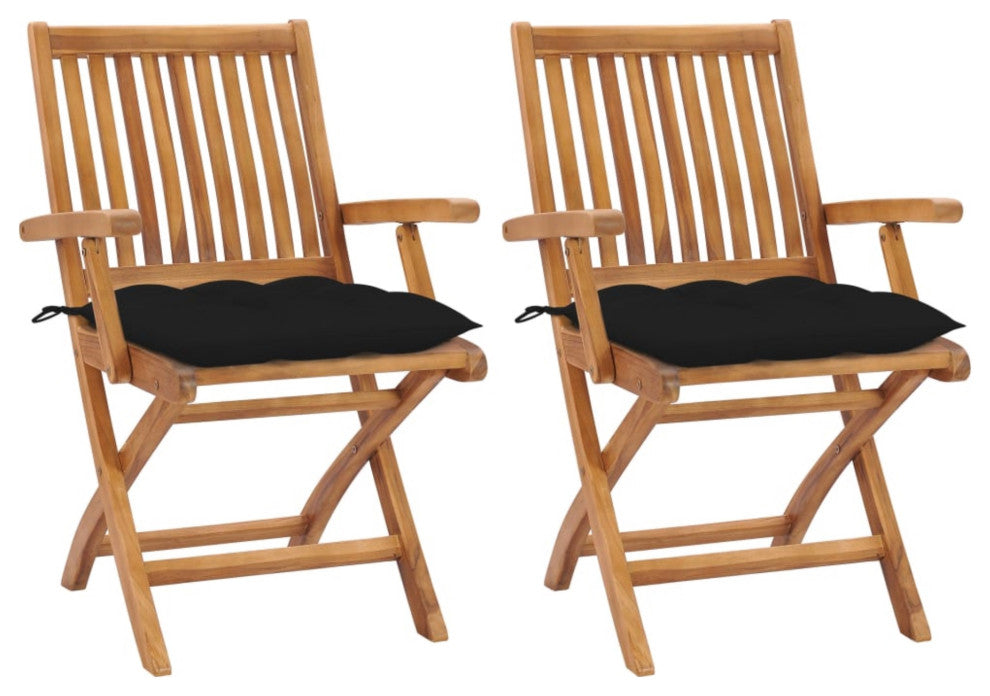 Vidaxl Garden Chairs, Set of 2, With Black Cushions Solid Teak Wood