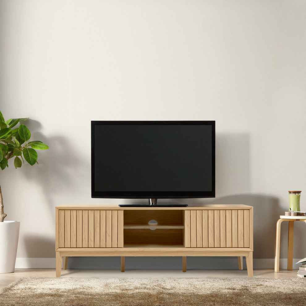 3-Storage Sliding Door TV Stand Fits TVs up to 65 in. with Cable Management, Oak