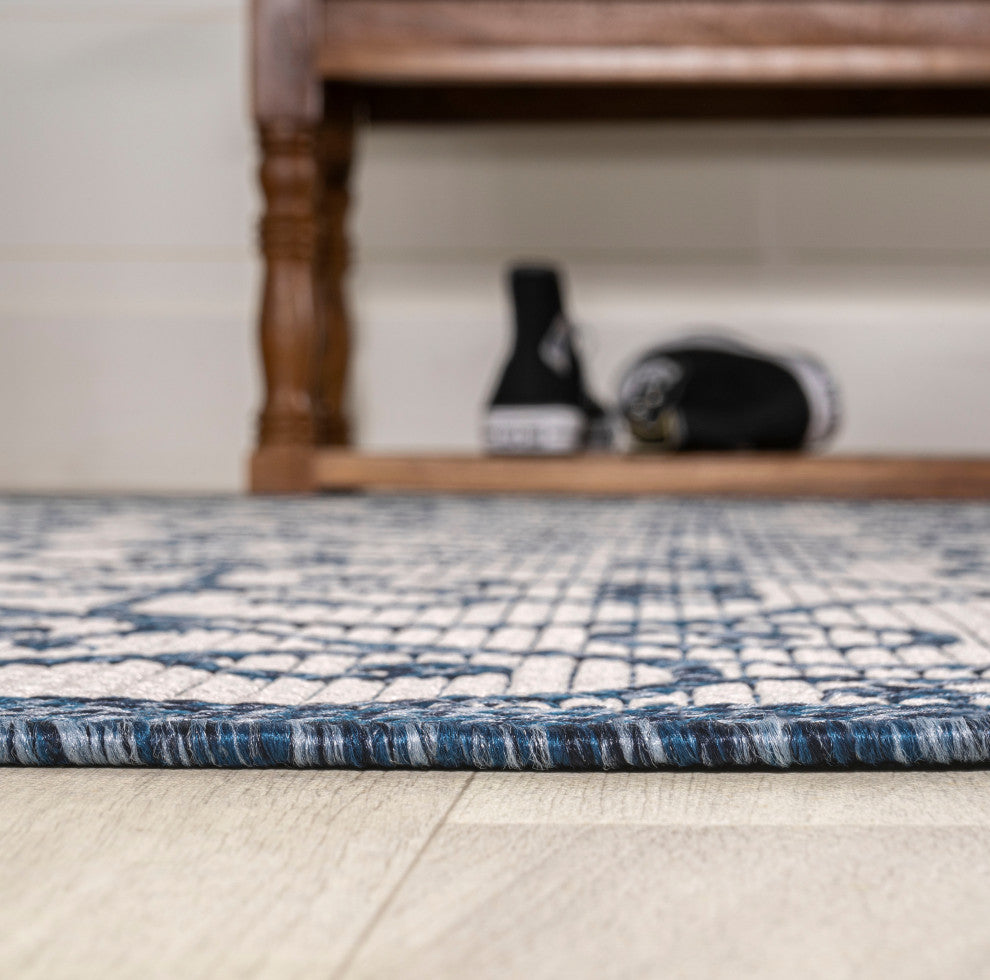 Madrid Vintage Filigree Textured Weave Indoor/Outdoor, Blue/Cream, 5 X 8
