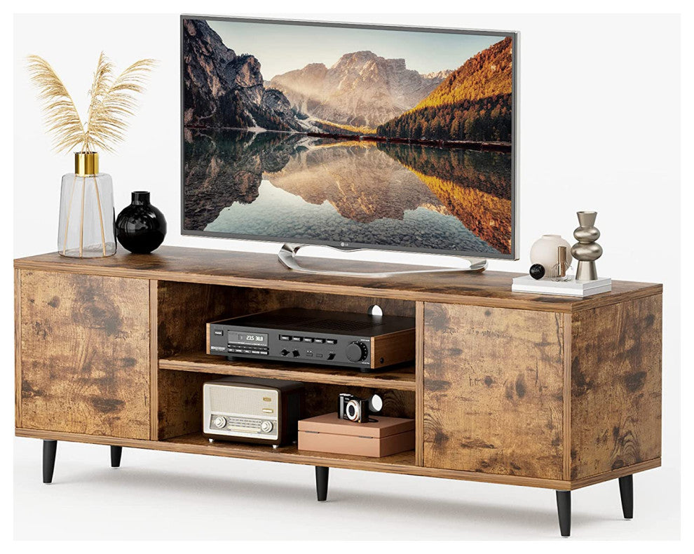 Mid-Century Modern TV Stand with Storage Cabinet and Open Shelves