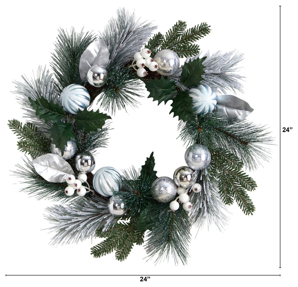 24" Pinecones and Berries Christmas Artificial Wreath With Silver Ornaments