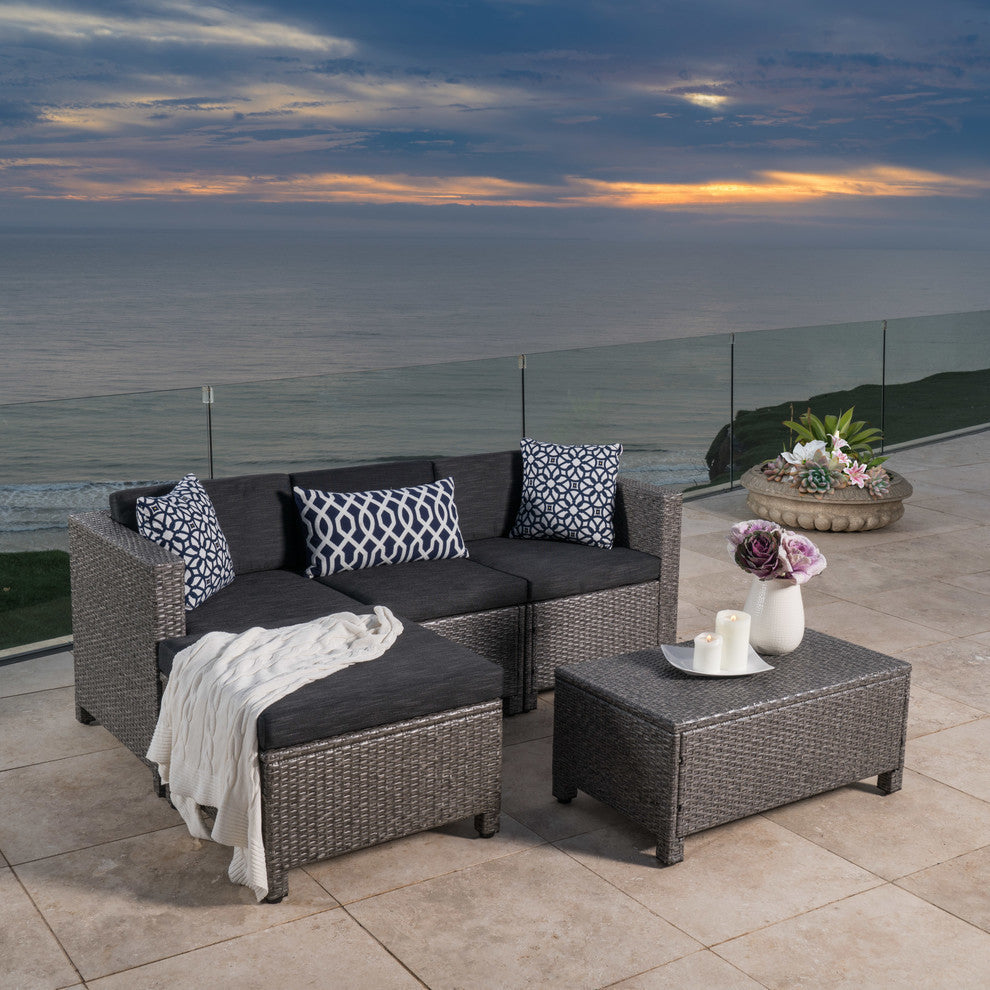 GDF Studio Lorita Outdoor 5-Piece Gray Wicker Sectional Sofa With Black Cushions