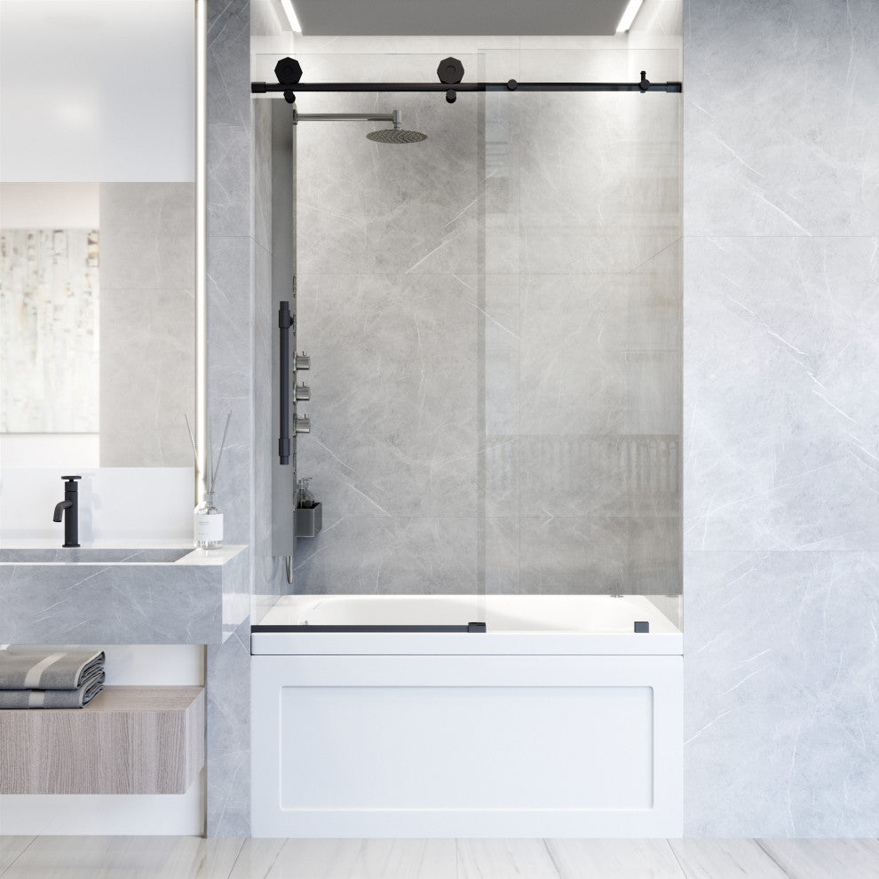 VIGO Elan Hart 56" to 60" W x 66" H Frameless Sliding Tub Door, Matte Black, Clear Glass