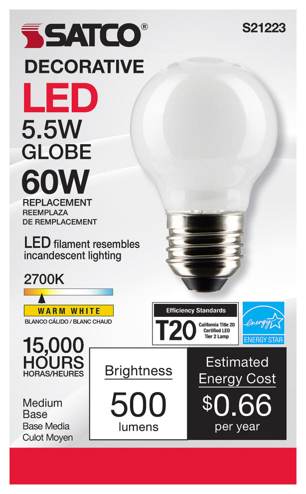 5.5W G16.5 LED, White, Medium Base, 90 CRI, 2700K, 120V