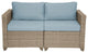 Maui 4-Piece Outdoor Conversation Set, Ottoman, Natural Aged Wicker, Sky Blue