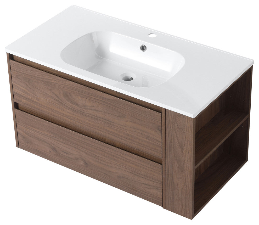 36" Plywood Wall Mounting Bath Vanity Set, Brown Oak, Gel Sink