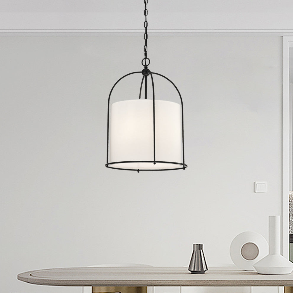 3-Light Matte Black Finish 18 in. Cage Chandelier With White Fabric Shade