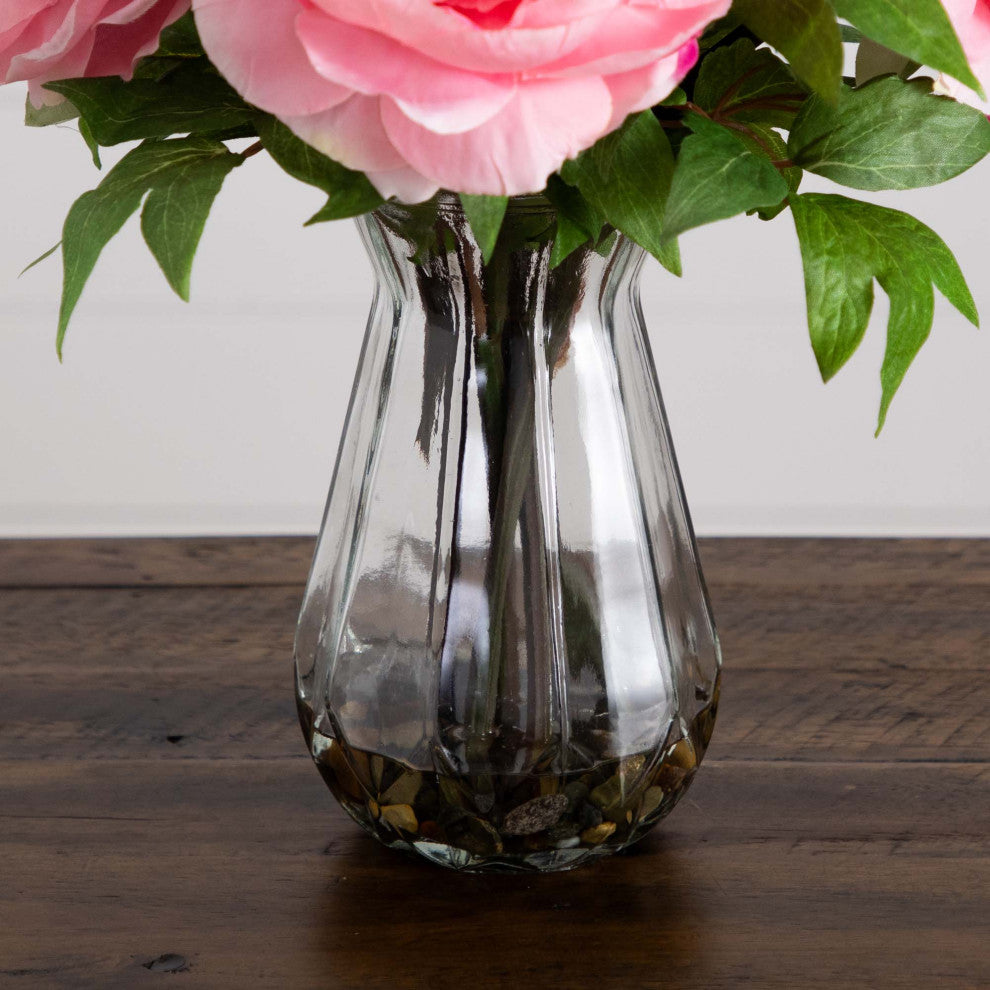 16in. Artificial Peony Arrangement, Glass Vase
