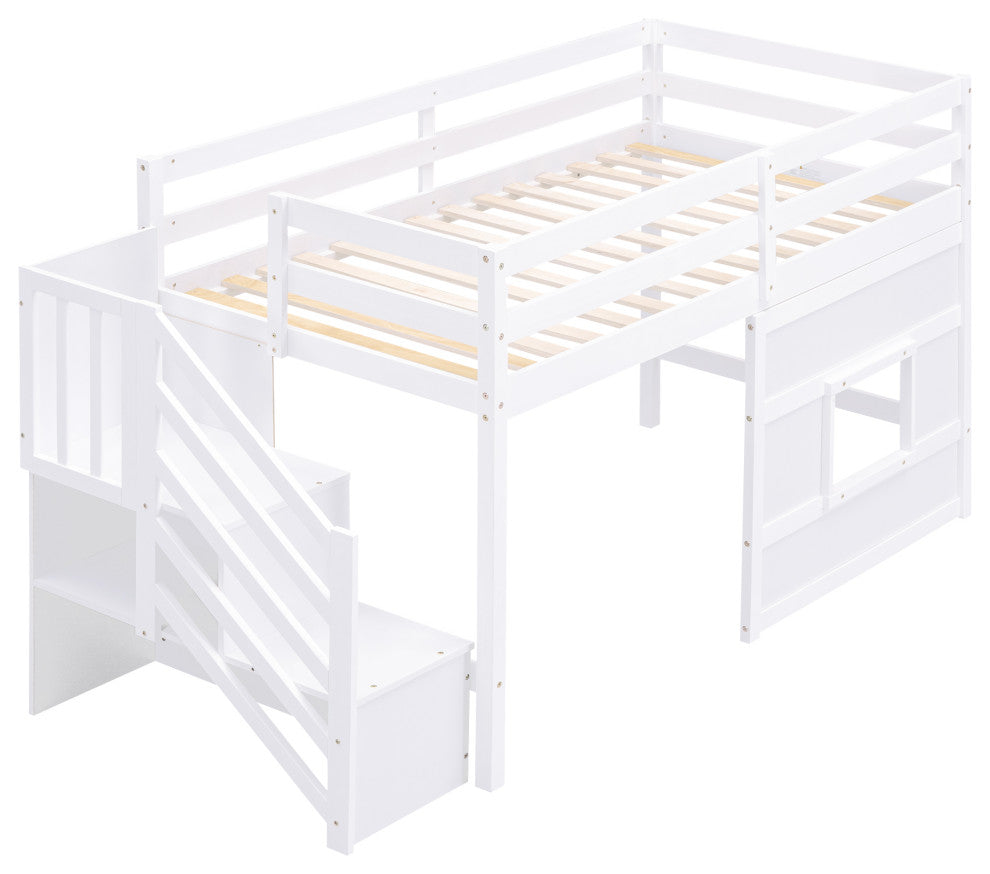 Gewnee Twin Size Loft Bed with Storage Staircase and Window