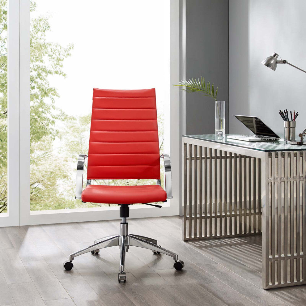 Computer Work Desk High Back Chair, Faux Leather, Red, Home Business Office