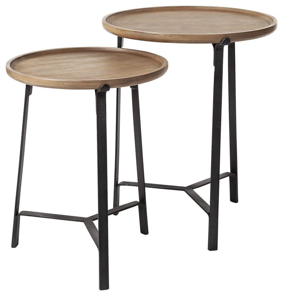Set Of 2 Round Brown Solid Wood Iron Base Nesting Side Tables