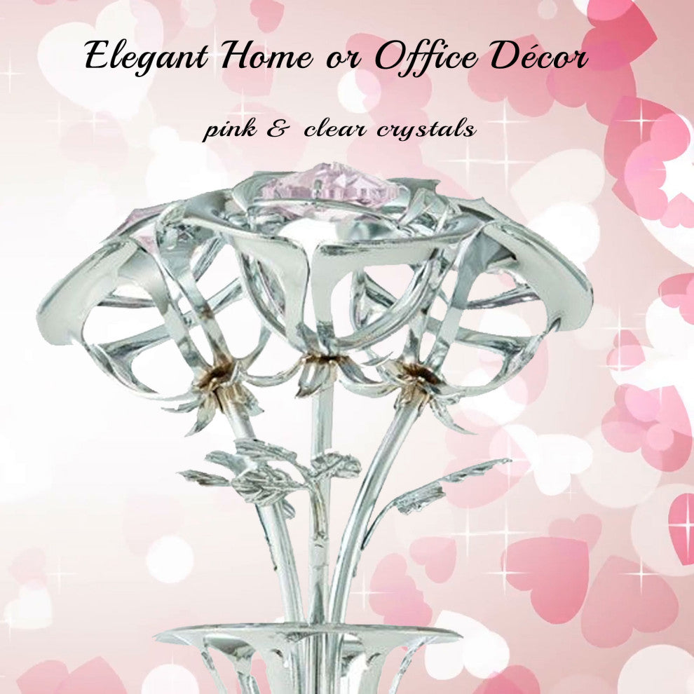 Chrome Plated Silver Flowers Bouquet and Vase With Pink and Clear Crystals
