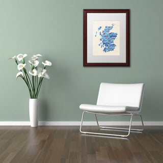Michael Tompsett 'Scotland Text Map Blue' Matted Framed Art, White Mat, 20"x16"