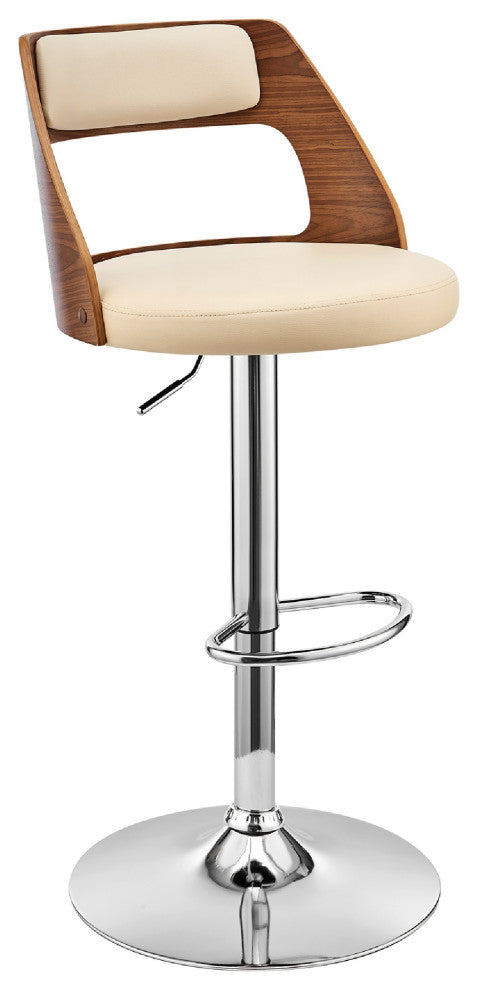 Adjustable Barstool with Open Wooden Back, Cream and Brown