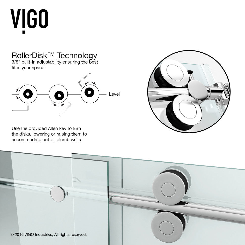 VIGO Elan 56" to 60" W x 66" H Frameless Sliding Tub Door, Chrome, Clear Glass